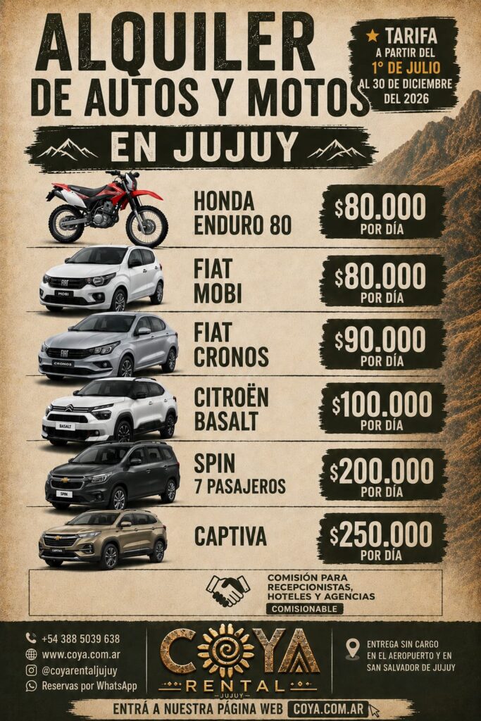 Precios para julio en jujuy de alquiler de auto VACACIONES DE INVIERNO