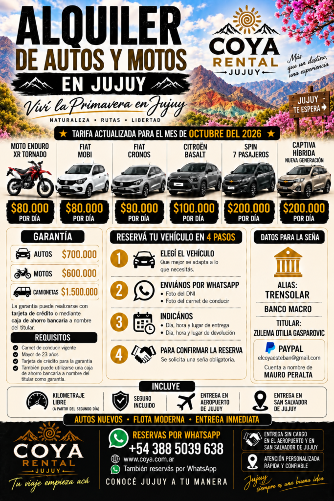 Alquiler de autos y motos en Jujuy Precios de alquiler de auto para Octubre en jujuy